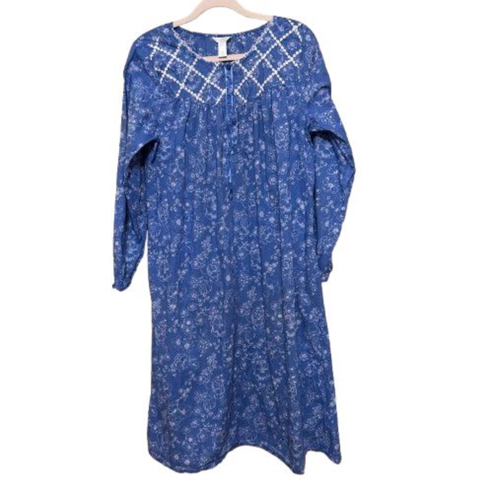 Adonna Nightgown Womens Medium Blue White Floral Cotton Cottage Toile Coquette